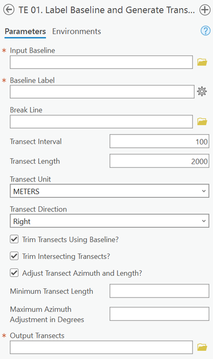 A screenshot of a geoprocessing tool: TE 01. Label Baseline and Generate Transects. The inputs are blank but include input baseline, baseline label, break line, transect interval, transect length, transect units, transect direction, options to trim transects and adjust their azimuth and length, with minimum transect length and degree fields.