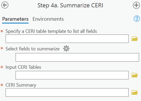 A screenshot of a step of the Profile Feature Extraction Toolbox, Step 4a, Summarize CERI. All inputs are blank and are mentioned below in the report.