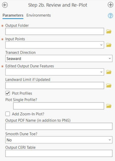 A screenshot of a step of the Profile Feature Extraction Toolbox, Step 2b, Review and Re-Plot. All inputs are blank and are mentioned below in the report.