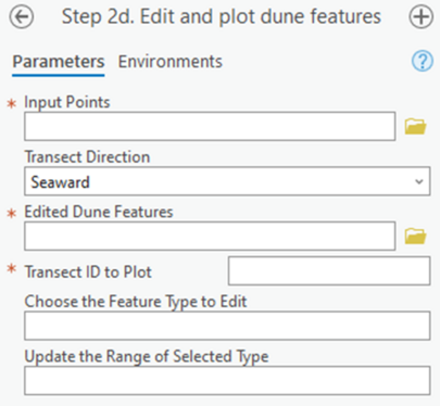 A screenshot of a step of the Profile Feature Extraction Toolbox, Step 2d, Edit and Plot Dune Features. All inputs are blank and are mentioned below in the report.