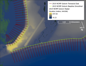 A GIS map showing a baseline and transects, with the transects extending shoreward from the baseline. There is an underlying colormap representing DEM coverage.