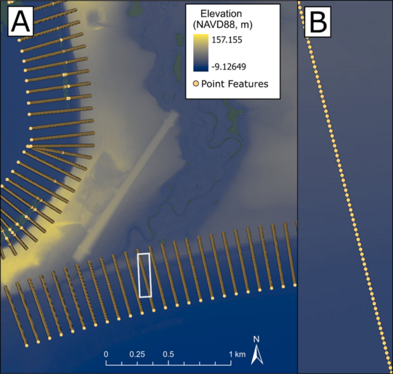 A GIS set of screenshots showing points along transects. Figure A displays the transects at a large scale, while B displays an individual transect so individual points along that transect can be seen clearly.