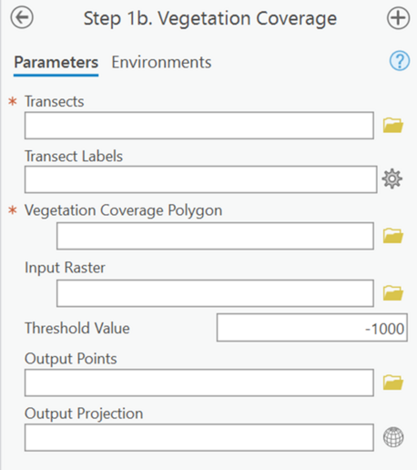 A screenshot of a step of the Profile Feature Extraction Toolbox, Step 1b, Vegetation Coverage. All inputs are blank and are mentioned below in the report.