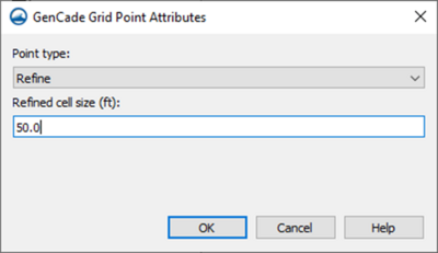 GenCade Grid Point Attributes dialog showing the Refine option and resolution parameter.