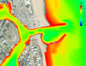 Grid representing Rudee Inlet shows bathymetry and the location of the applied weir structures.