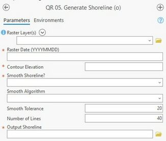 A screenshot of the ArcPro geoprocessing panel for Step 5. The "Raster Layers" input allows the user to select the file from a dropdown menu or the file explorer. The "Raster Date" input is a text box which requires the input be Year, Month, then Date with no spaces or punctuation (YYYYMMDD). The "Contour Elevation" input requires the user to enter a text value (numerical). The "Smooth Shoreline" and "Smooth Algorithm" inputs allow the users to select desired options from drop down menus. The "smooth Tolerance" and "Number of Lines" inputs require the user to type numerical values. The "Output Shoreline" input allows the user to enter file locations as text or select from the file explorer.