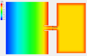 Idealized grid showing bathymetry and the location of the applied tide gate structure.