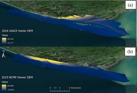 DEMs for 2018 and 2019 Homer Alaska. Highest elevations are in yellow and lowest elevations are in blue. There are gaps in coverage for the 2018 data around the swash zone.