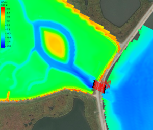 Grid representing a Poplar Island wetland cell showing bathymetry and the location of the applied culvert structure.