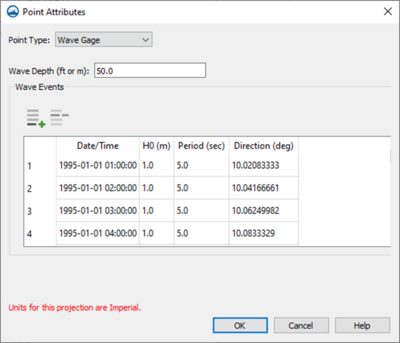 Figure 2. Display of Point Attribute screen for Wave gages.