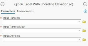 A screenshot of the ArcPro geoprocessing panel for Step 6. The "Unput Transects", "Input Transect Mask", and "Input Shoreline" inputs allow the user to select the files from a dropdown menu or the file explorer.