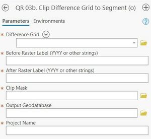 A screenshot of the ArcPro geoprocessing panel for Step 3b. The "Difference Grid" input allows the user to select the file from a dropdown menu or the file explorer. The "Before Raster Label" and "After Raster Label" inputs are text boxes (strings). The "Clip Mask" and "Output Geodatabase" allow the user to enter file locations as text or select from the file explorer. The "Project Name" input is a text input which must start with letters