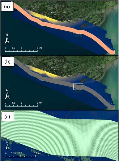 The clip mask polygon (A) is shown in orange and contains the entirety of the focus segment as on single polygon. Below that, the transect mask polygons (B) are shown across the whole study area as well as a zoomed in extent (C). These polygons are created between each transect pair.