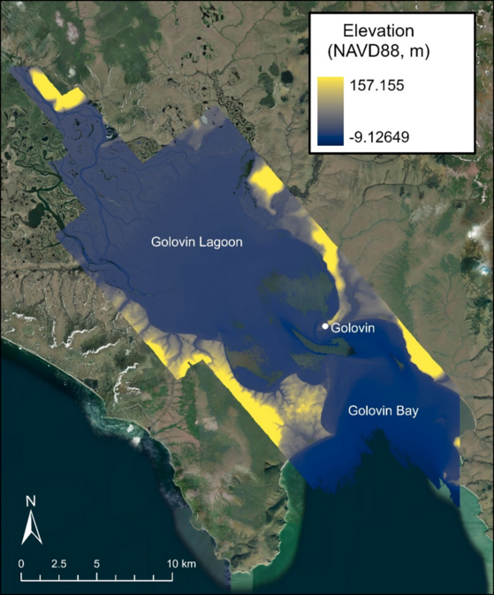 A GIS map of the Golovin, AK DEM coverage, displayed with a yellow-blue colormap. Elevations span from -9.13 to 157.16 meters.