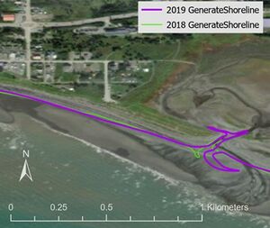 A zoomed in extent of the coast that shows 2018 and 2019 shorelines in green and purple respectively. This section of coast shows an area where both shorelines cut inland towards a washed out reservoir.