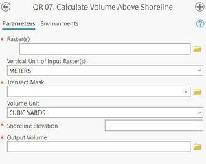 A screenshot of the ArcPro geoprocessing panel for Step 7. The "Raster(s)" input allows the user to select the file from a dropdown menu or the file explorer. The "Vertical Unit of Input Raster" allows user to select appropriate units from a drop down menu. The "Transect Mask" allows the user to enter file locations as text or select from the file explorer. The "Volume Unit" input allows users to select desired unit from a drop down menu. The "Shoreline Elevation" input requires a numerical text value from the user. The "Output Geodatabase" input allows the user to enter file locations as text or select from the file explorer.