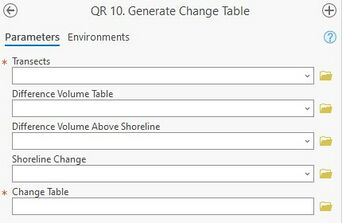 A screenshot of the ArcPro geoprocessing panel for Step 10. The "Transects", "Difference Volume Table", "Difference Volume Above Shoreline", and "Shoreline Change" inputs allow the user to select the files from a dropdown menu or the file explorer. The "Change Table" allows the user to enter the desired file location as a text path or select from the file explorer.