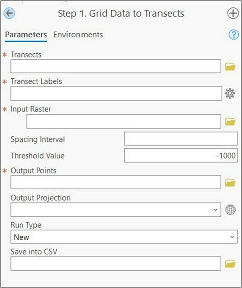 A screenshot of the first step of the Profile Feature Extraction Toolbox, grid data to transects. All inputs are blank and are mentioned below in the report.