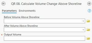 A screenshot of the ArcPro geoprocessing panel for Step 8. The "Before Volume Above Shoreline" and "After Volume Above Shoreline" inputs allow the user to specify a file from either a drop down menu or from the file explorer. The "Output Volume" input allows the user to enter file locations as text or select from the file explorer.