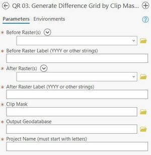 A screenshot of the ArcPro geoprocessing panel for Step 3. The "Before Raster(s)" and "After Raster(s)" allow the user to select the inputs from a drop down menu or the file explorer. "Before Raster Label" and "After Raster Label" are text inputs (strings). The "Clip Mask" and "Output Geodatabase" allow the user to enter file locations as text or select from the file explorer. The "Project Name" input is a text input which must start with letters.