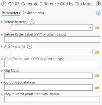 A screenshot of the ArcPro geoprocessing panel for Step 3. The "Before Raster(s)" and "After Raster(s)" allow the user to select the inputs from a drop down menu or the file explorer. "Before Raster Label" and "After Raster Label" are text inputs (strings). The "Clip Mask" and "Output Geodatabase" allow the user to enter file locations as text or select from the file explorer. The "Project Name" input is a text input which must start with letters.