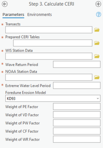 A screenshot of a step of the Profile Feature Extraction Toolbox, Step 3, Calculate CERI. All inputs are blank and are mentioned below in the report.