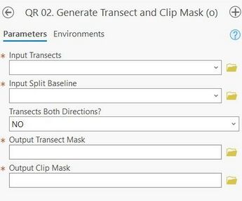 A screenshot of the ArcPro geoprocessing panel for Step 2. The "Input Transects" and "Input Split Baseline" inputs allow the user to select files from a drop down menu or the file explorer. The "Transects Both Directions" input is a drop down menu to select between YES or NO. The "Output Transect Mask" and "Output Clip Mask" inputs allow the user to type a file path or select a folder from the file explorer.