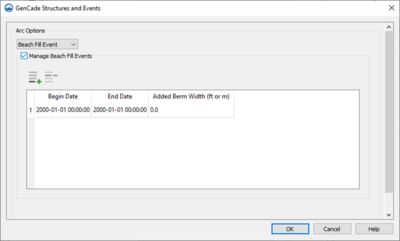 GenCade Structures dialog showing the Beach Fill event option