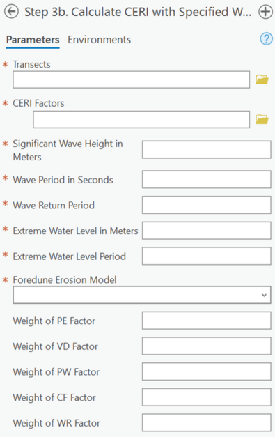 A screenshot of a step of the Profile Feature Extraction Toolbox, Step 3b, Calculate CERI with Specified Wave and Elevation. All inputs are blank and are mentioned below in the report.