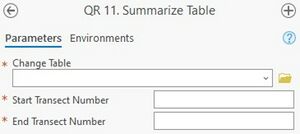 A screenshot of the ArcPro geoprocessing panel for Step 11. The "Change Table" input allows the user to select the file from a dropdown menu or the file explorer. The "Start Transect Number" and "End Transect Number" inputs require the user to enter a transect number in the text box.