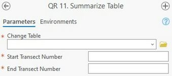 A screenshot of the ArcPro geoprocessing panel for Step 11. The "Change Table" input allows the user to select the file from a dropdown menu or the file explorer. The "Start Transect Number" and "End Transect Number" inputs require the user to enter a transect number in the text box.