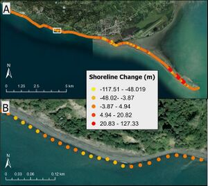 A map view of the shoreline change points along the coast of the study area (A) and a zoomed in view near the center (B). Shoreline change values are visualized with recession in yellow and accretion in red. Magnitudes for recession are much larger though accretion is prevalent along the Homer Spit to the east.