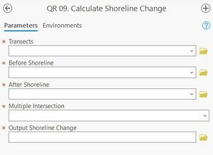 A screenshot of the ArcPro geoprocessing panel for Step 9. The "Transects", "Before Shoreline", and "After Shoreline" inputs allow the user to select the files from a dropdown menu or the file explorer. The "Multiple Intersection" input allows user to select the desired input from a dropdown men. The "Output Shoreline Change" allows the user to enter the desired file location as a text path or select from the file explorer.