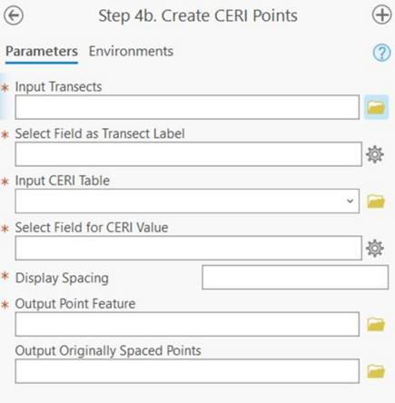 A screenshot of a step of the Profile Feature Extraction Toolbox, Step 4b, Create CERI Points. All inputs are blank and are mentioned below in the report.