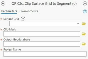 A screenshot of the ArcPro geoprocessing panel for Step 3c. The "Surface Grid" input allows the user to select the file from a dropdown menu or the file explorer. The "Clip Mask" and "Output Geodatabase" allow the user to enter file locations as text or select from the file explorer. The "Project Name" input is a text input which must start with letters.