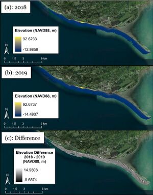 The surface rasters for both 2018 (A) and 2019 (B) are shown with elevations, in NAVD88, visualized from blue to yellow. The extent of both rasters is identical as the tool has only selected cells where both datasets are not null. Bellow those the difference raster (C) is shown with elevation difference, in NAVD88, shown from black to white. Areas along the coast show a high variability in difference results.