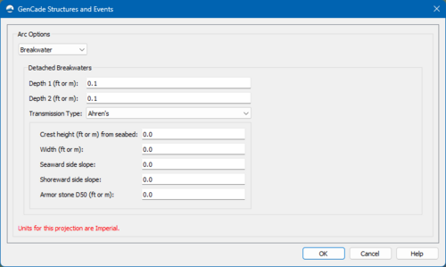 GenCade Structures dialog showing the Breakwater option